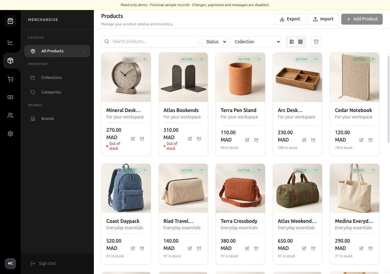 Mizan admin product catalog with inventory, collections and prices, populated with fictional demo products